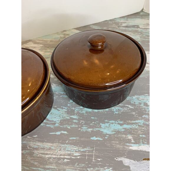 Vintage Set of 2 Rego Brown Stoneware Lidded Crocks Pots E518-07 5"d x 2 3/8"h - Picture 4 of 9